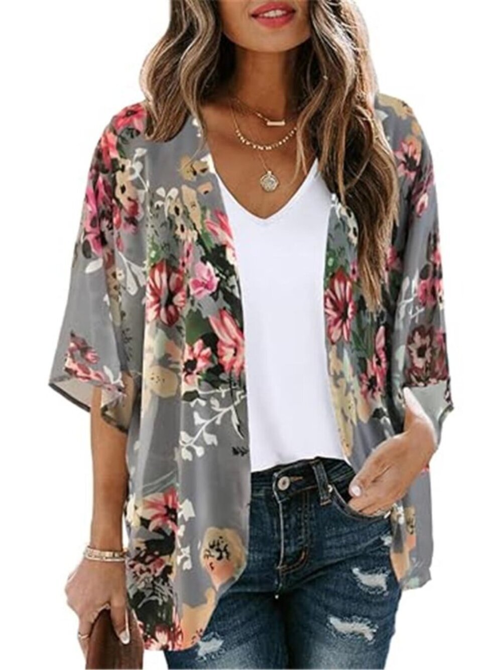Women's Floral Print Puff Sleeve Kimono Cardigan Loose Cover Up Dark Grey Blouse